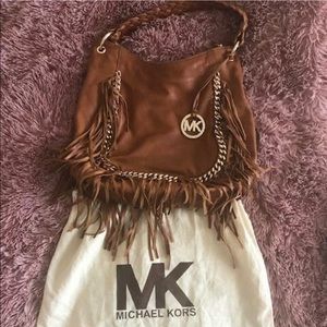Michael Kors Vienna brown leather fringe hobo bag
